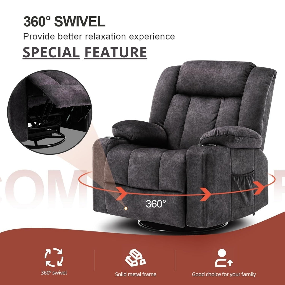 Gray recliner chair with 360-degree swivel feature on a white background