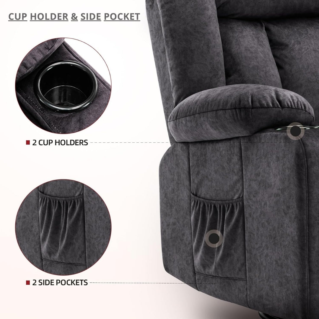 Gray recliner chair with cup holders and side pockets on a white background