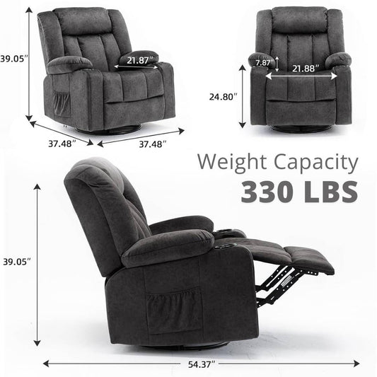 360° Swivel Rocker Glider Recliner with Cup Holders, Upholstered Fabric
