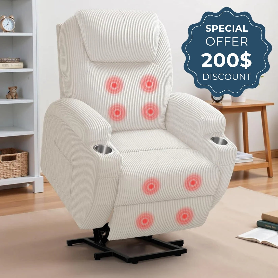 Massage recliner chair with massage points in a living room setting and a special offer badge.