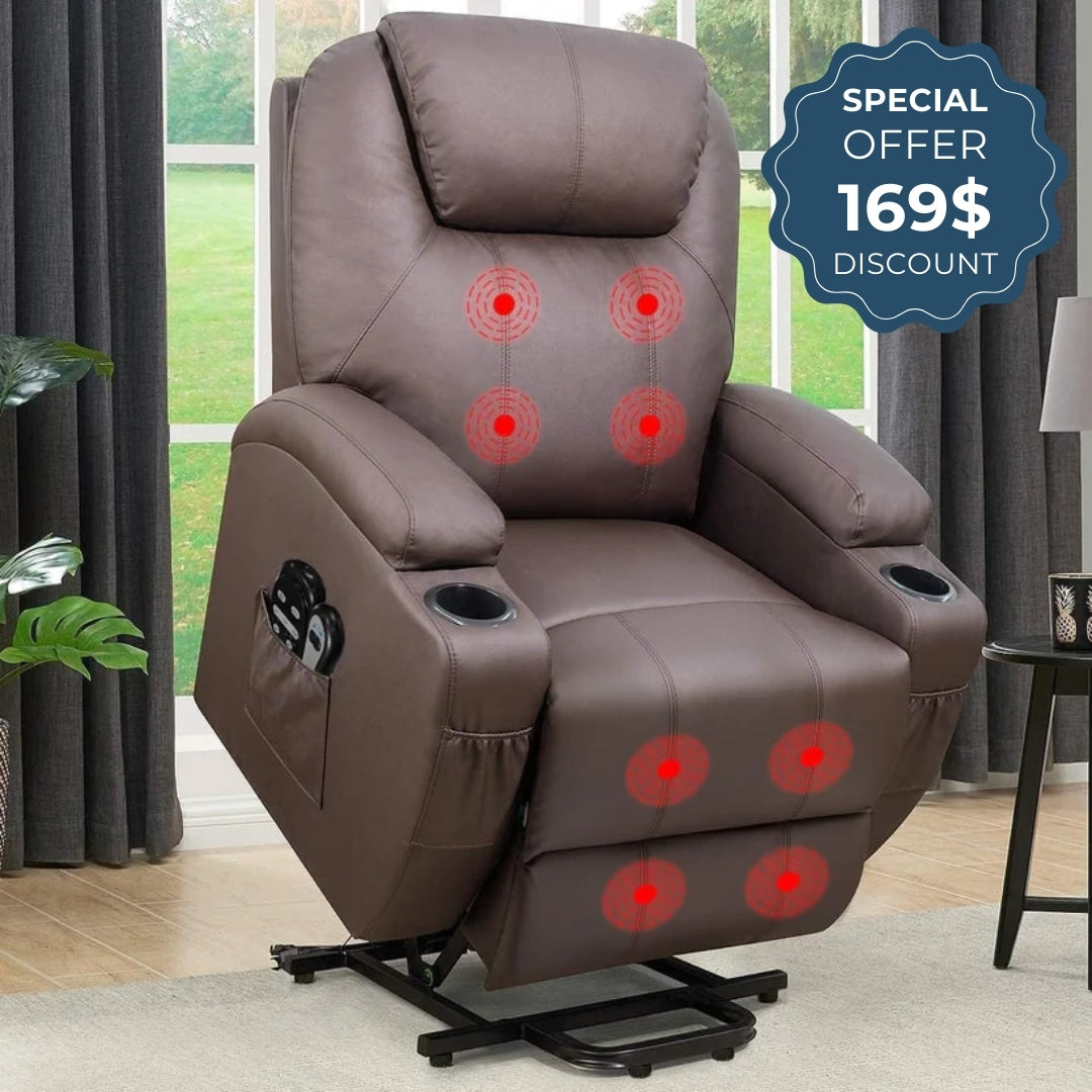 Power Lift Heavy-Duty Leather Recliner Chair with 2 Cup Holders & Side Pockets