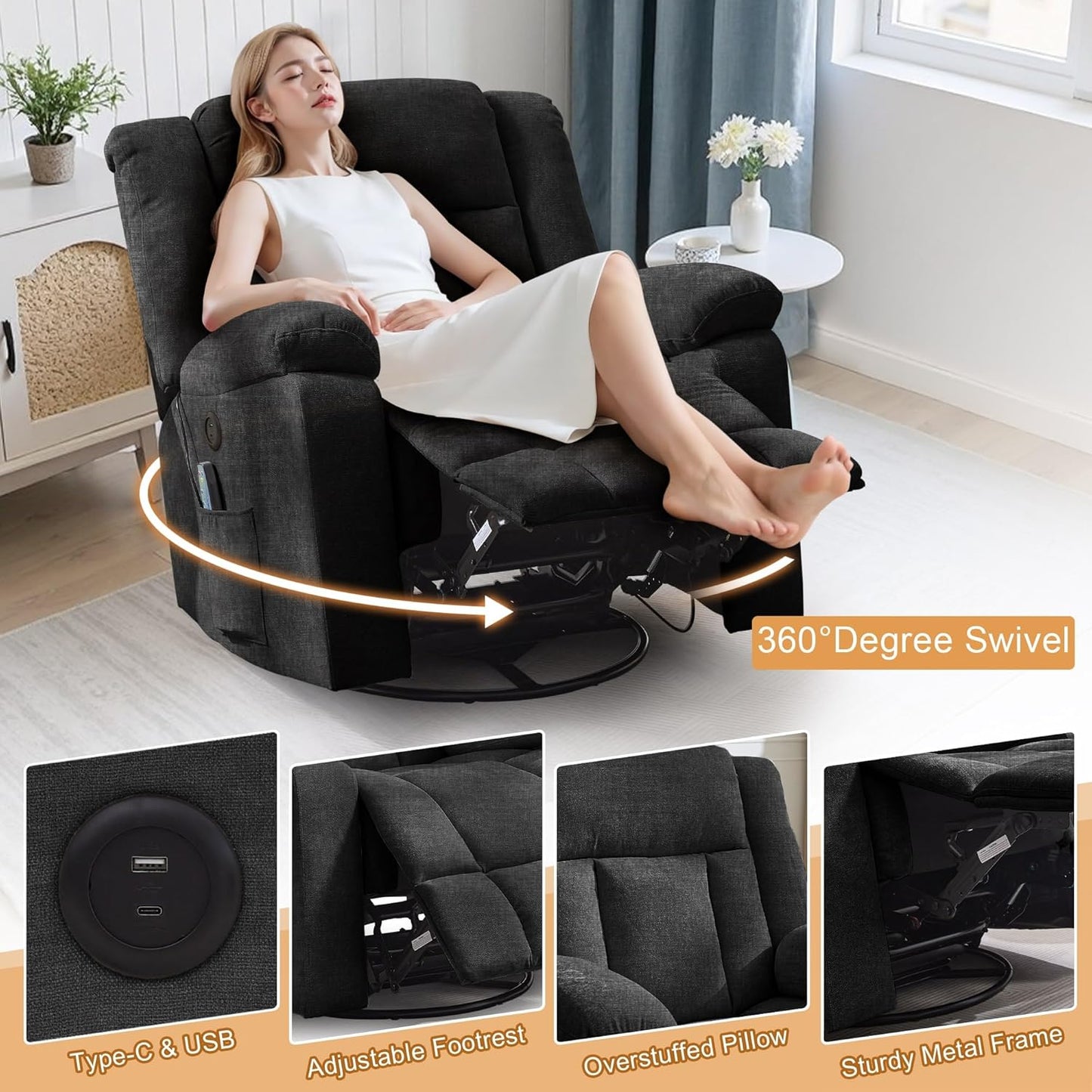 Heavy Duty Recliner with High Weight Capacity (360° Swivel & Rocking)