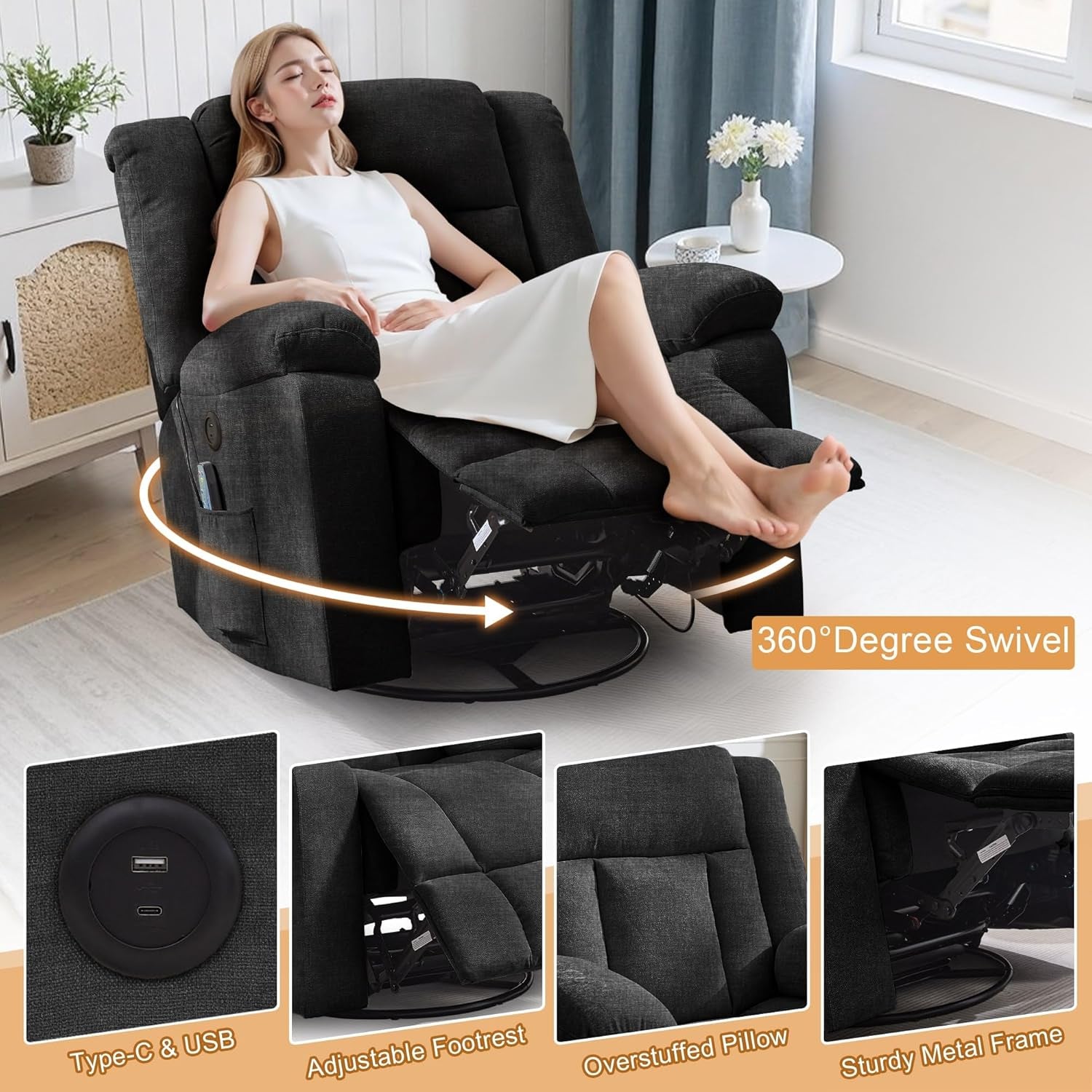 Heavy Duty Recliner with High Weight Capacity (360° Swivel & Rocking)