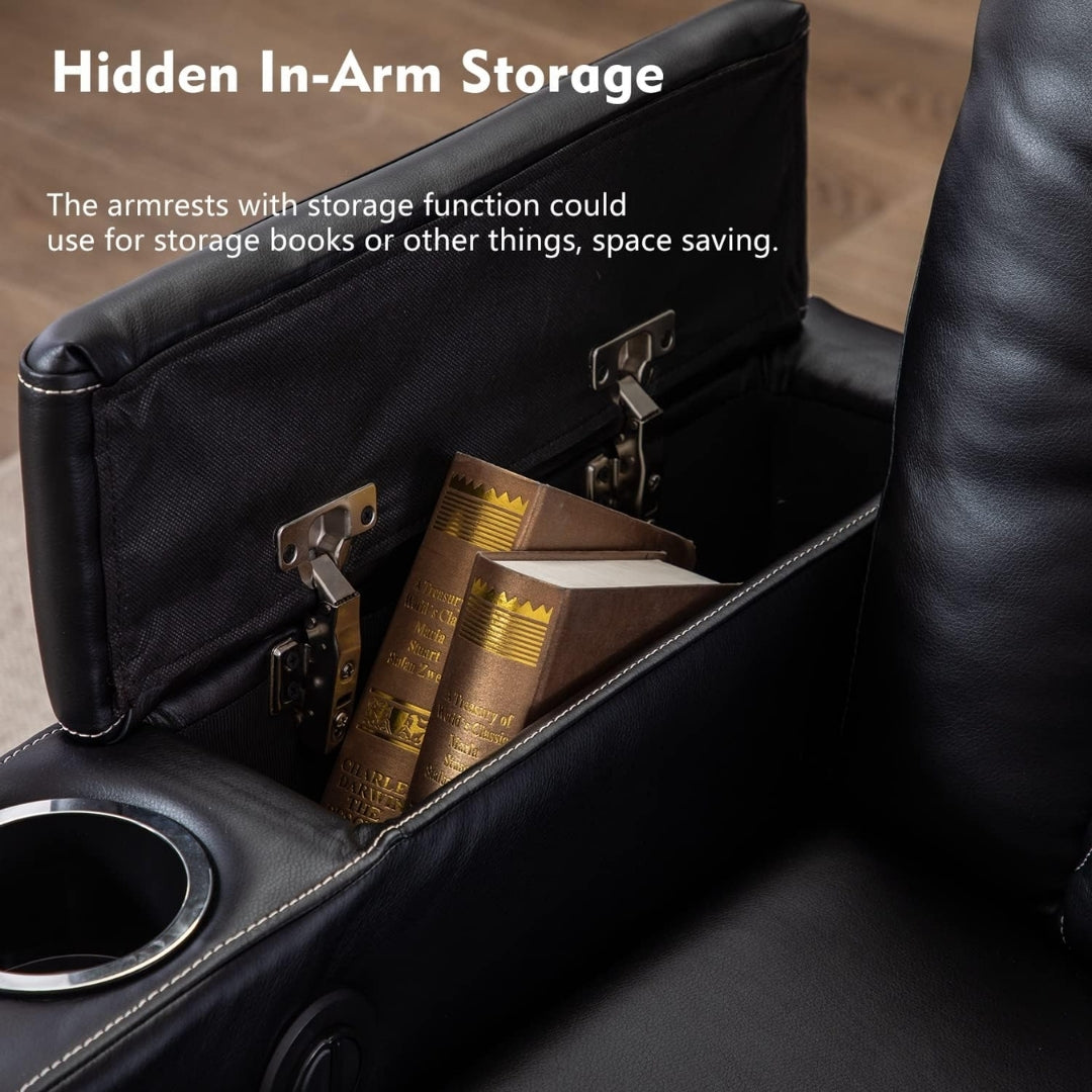 Hidden in-arm storage compartment with books inside, labeled 'Hidden In-Arm Storage'.