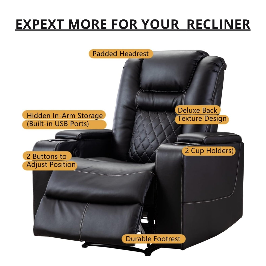 Black recliner chair with features highlighted on a white background