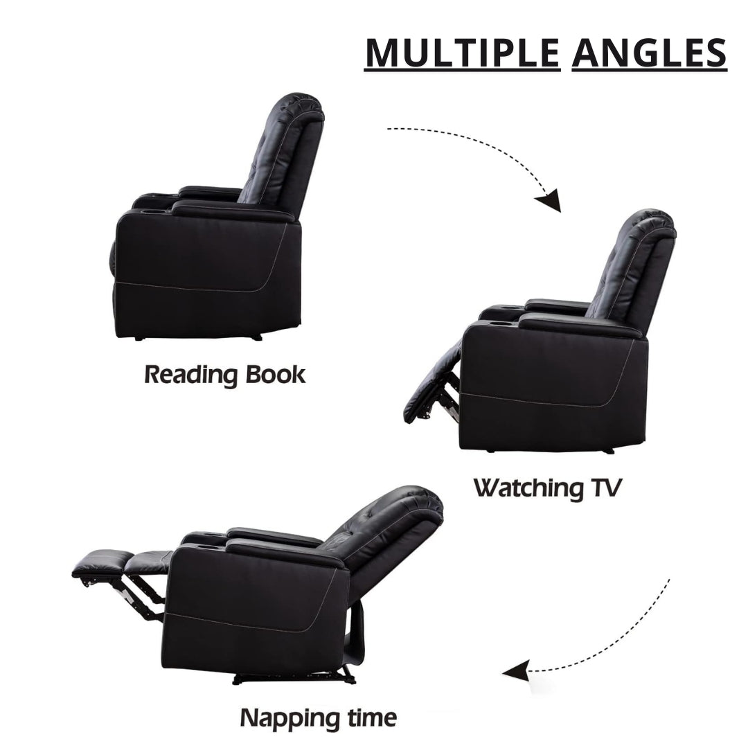 Black recliner chair shown in three different positions with text labels on a white background.
