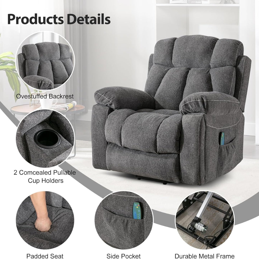 Gray recliner chair with features highlighted on a white background