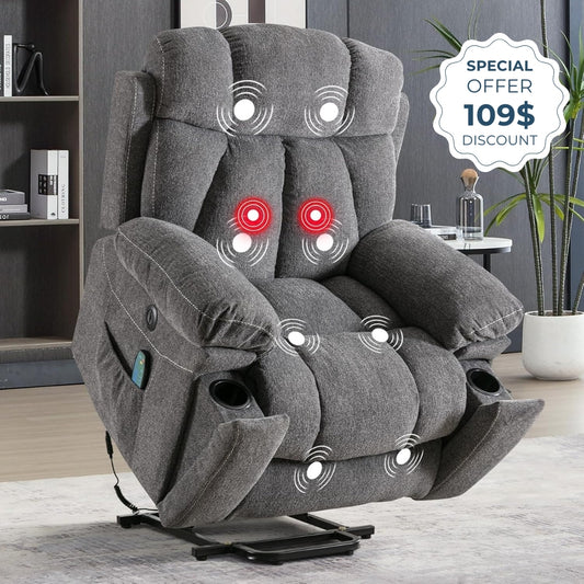 Gray massage chair with massage points indicated, in a home setting with a discount offer.