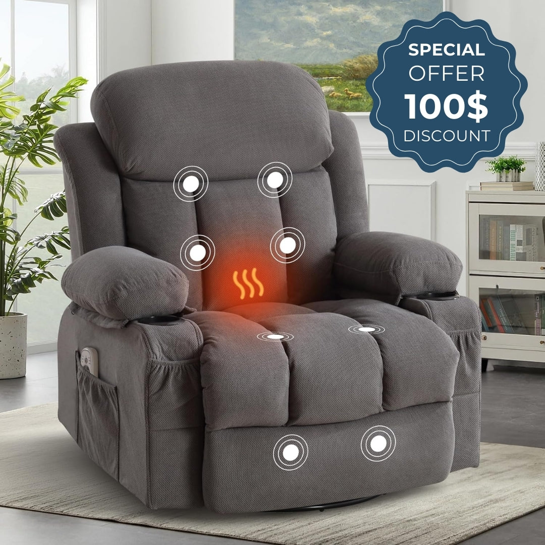 Gray recliner chair with heating indicator in a living room setting, featuring a special offer badge.