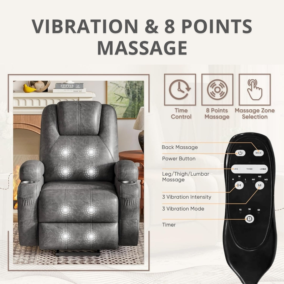 Massage chair with remote control and features listed on a white background