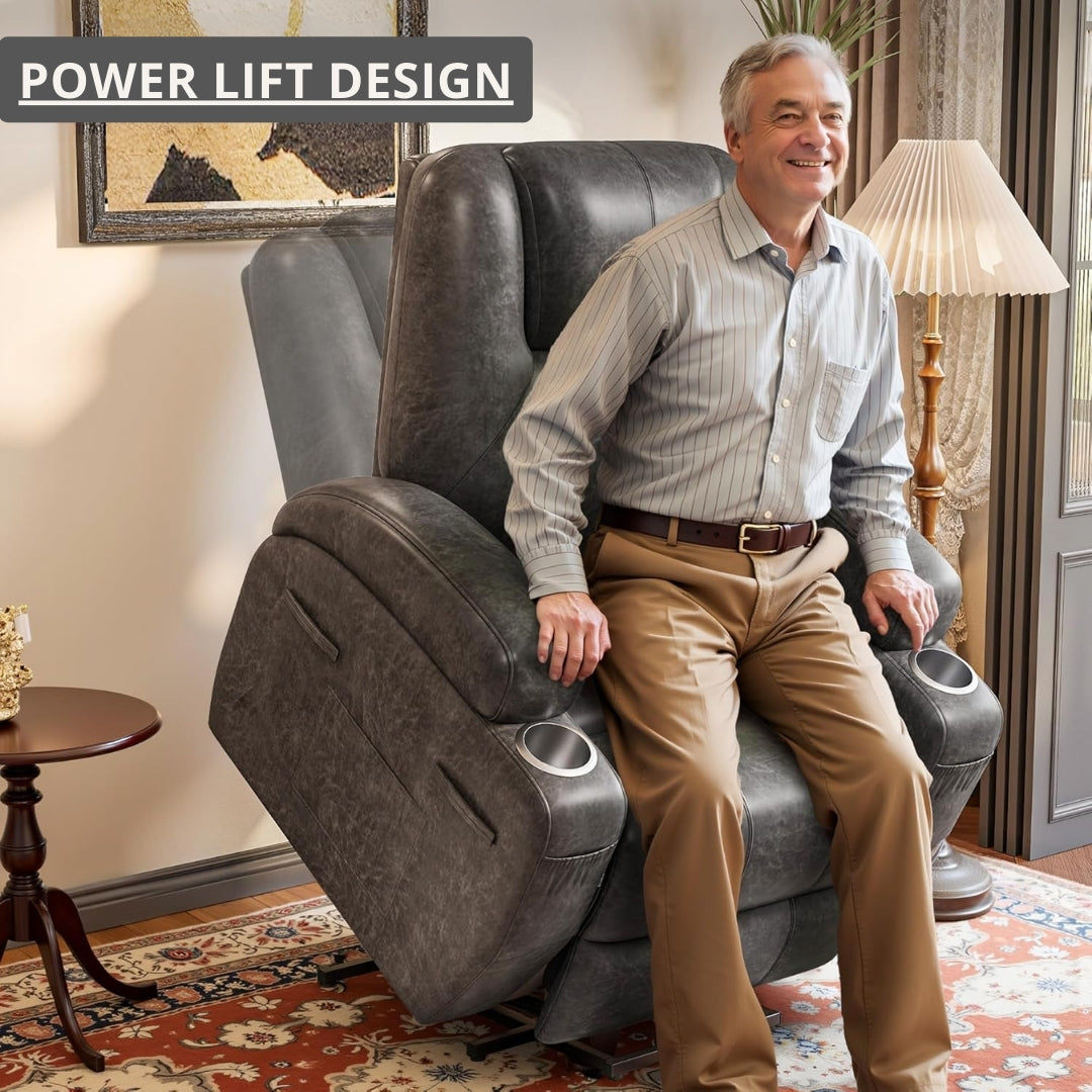 Man sitting in a power lift chair in a home setting with 'Power Lift Design' text.