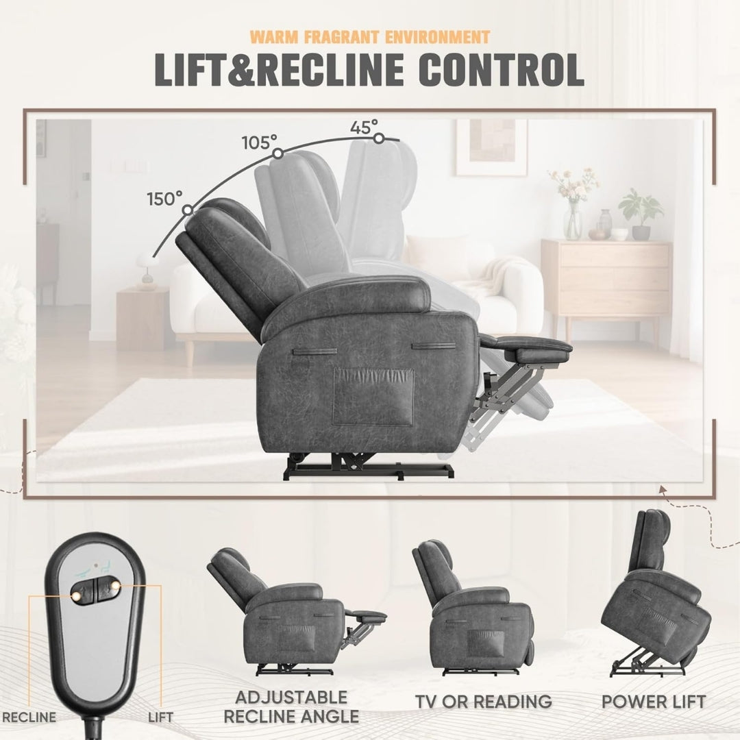 Gray recliner chair with lift and recline control features, shown in various positions.