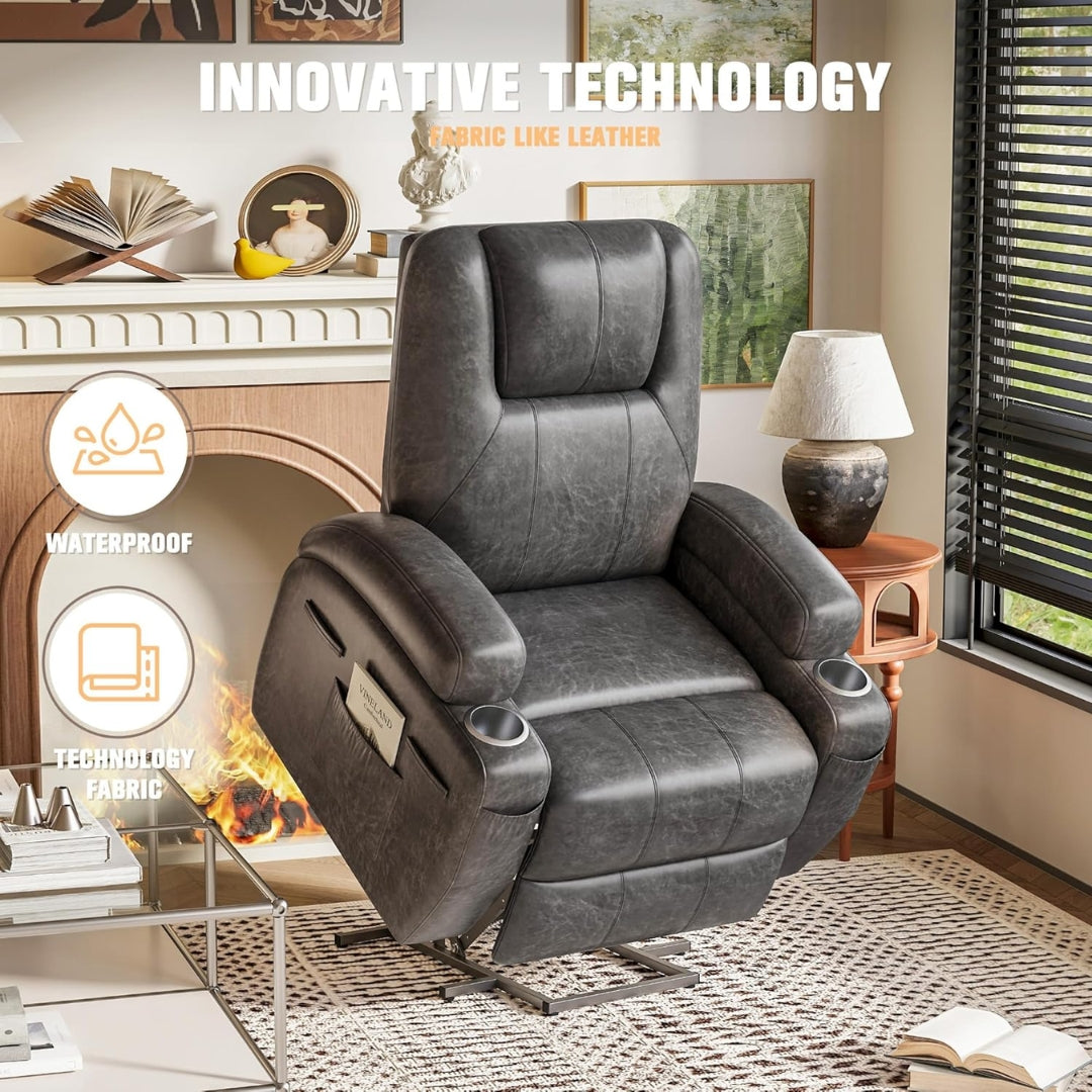 Gray recliner chair in a living room setting with text 'Innovative Technology' and icons.