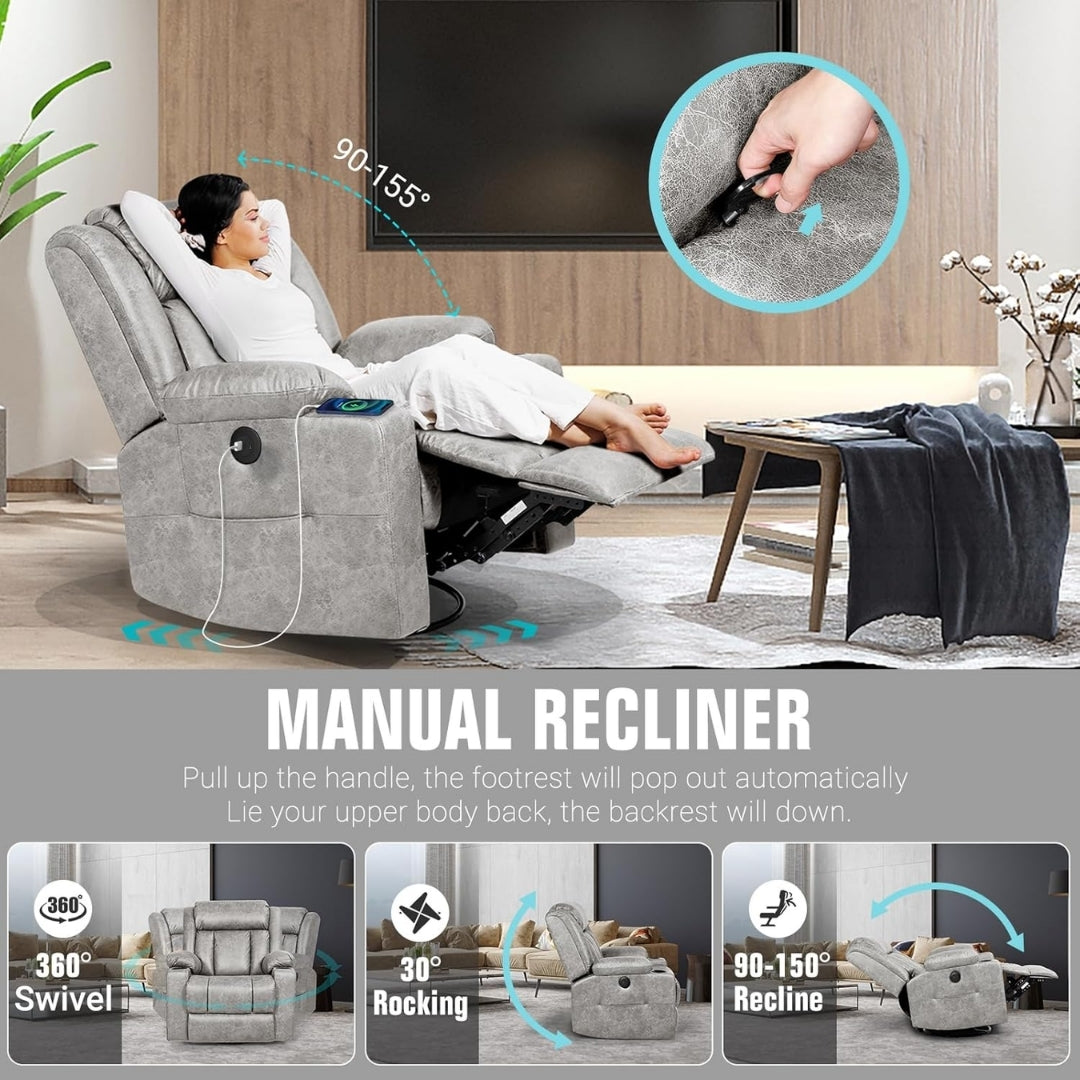 Manual recliner chair in a living room setting with text and icons highlighting features.