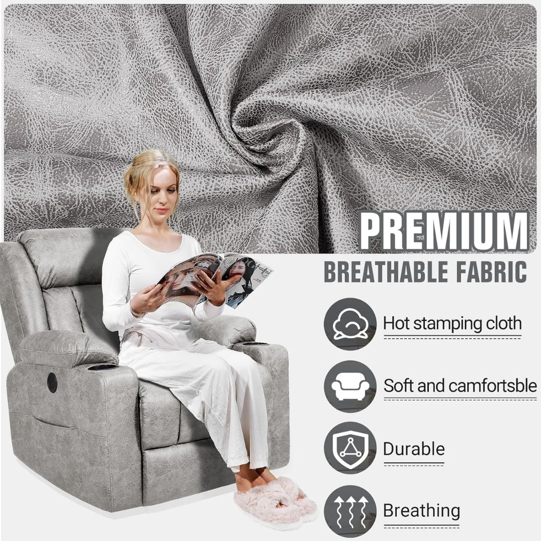 Woman sitting on a gray recliner chair with premium breathable fabric, surrounded by fabric texture.