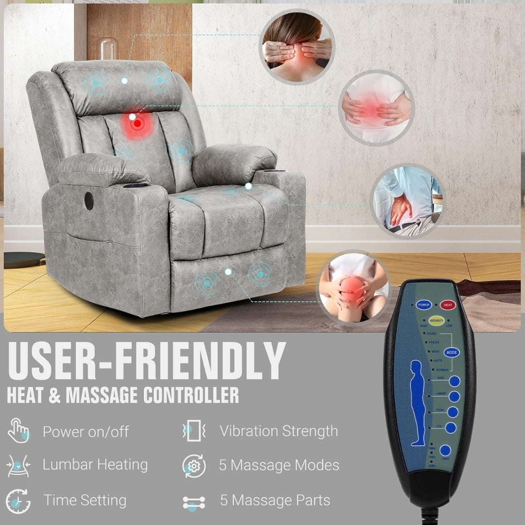 Gray massage chair with heat and massage controller on a wooden floor.