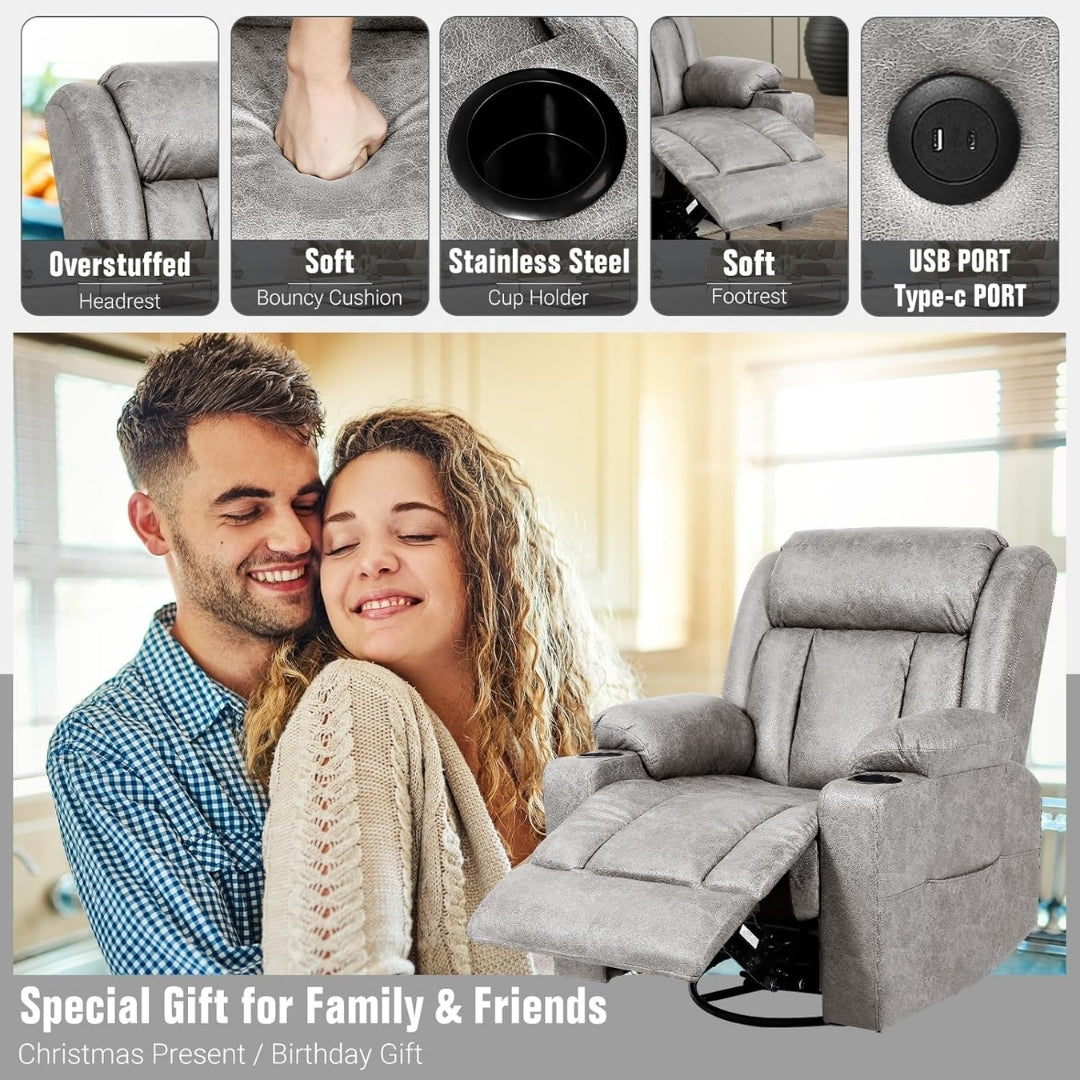 Gray recliner chair with features highlighted and a couple embracing in a living room.