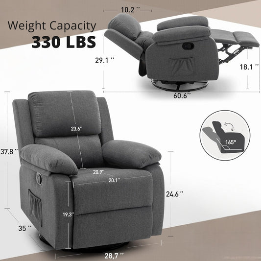 Recliner for Heavy & Short People with Side Pockets (360 Swivel & Rocking For Small Spaces)