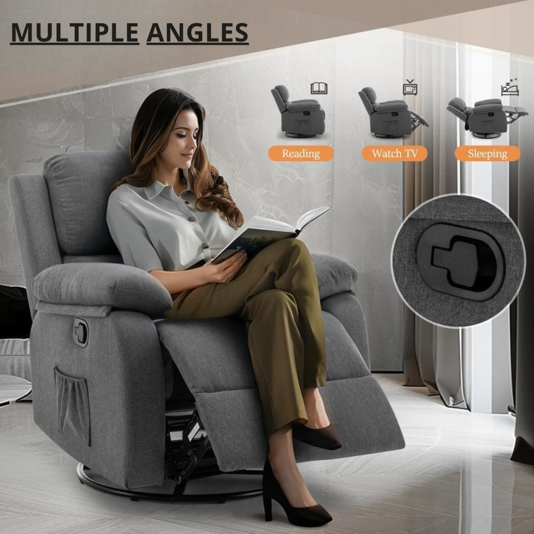 Recliner for Heavy & Short People with Side Pockets (360 Swivel & Rocking For Small Spaces)