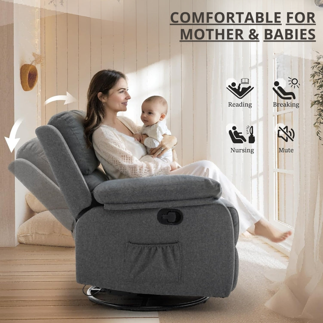 Recliner for Heavy & Short People with Side Pockets (360 Swivel & Rocking For Small Spaces)