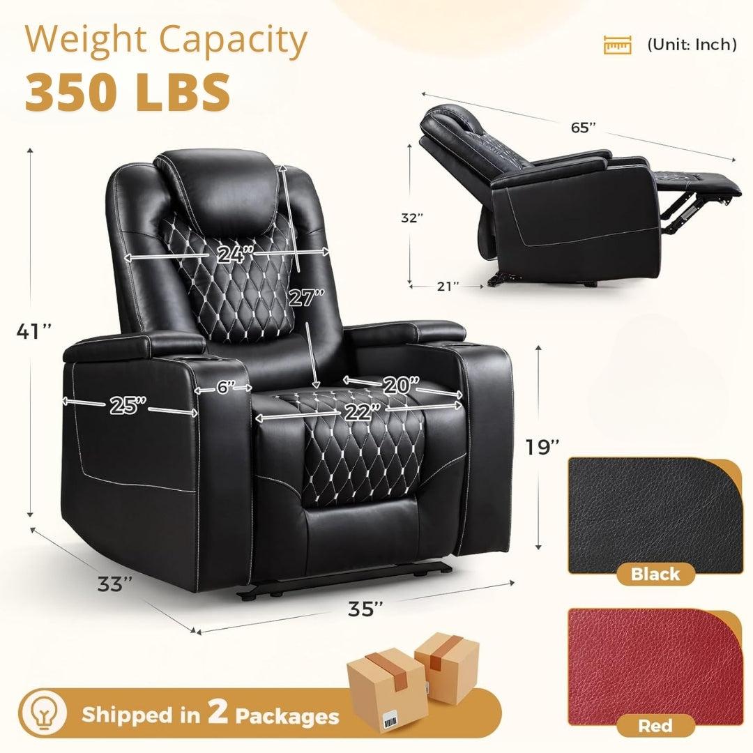 Black recliner chair with dimensions and weight capacity details on a white background