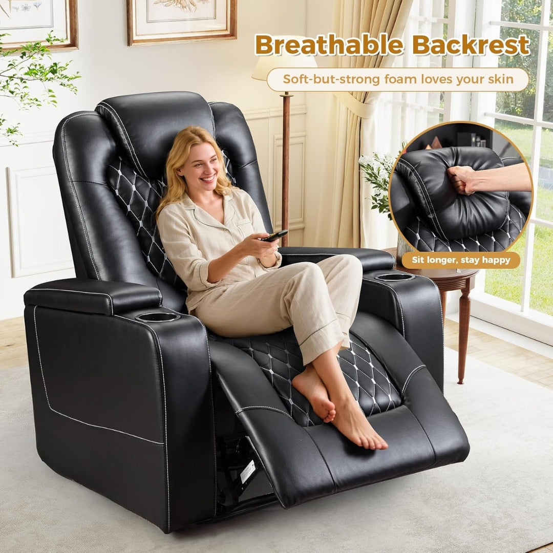 Woman sitting in a black recliner chair with text about breathable backrest and foam comfort.