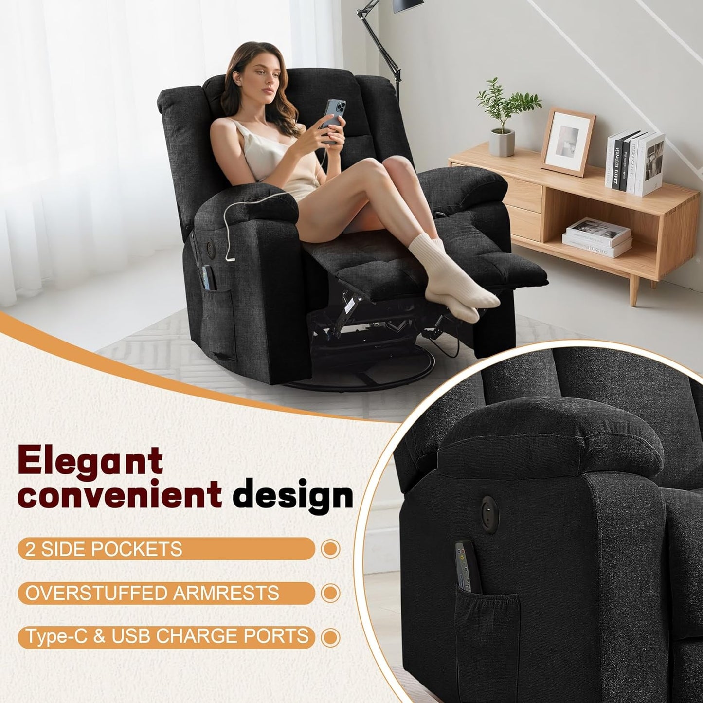 Heavy Duty Recliner with High Weight Capacity (360° Swivel & Rocking)