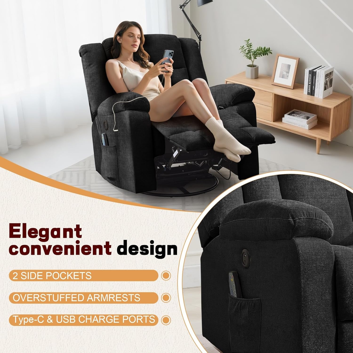 Heavy Duty Recliner with High Weight Capacity (360° Swivel & Rocking)