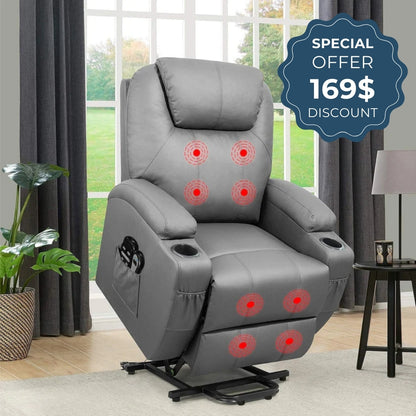 Power Lift Heavy-Duty Leather Recliner Chair with 2 Cup Holders & Side Pockets