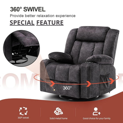 Gray recliner chair with 360-degree swivel feature on a white background