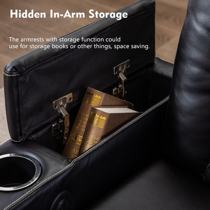 Hidden in-arm storage compartment with books inside, labeled 'Hidden In-Arm Storage'.