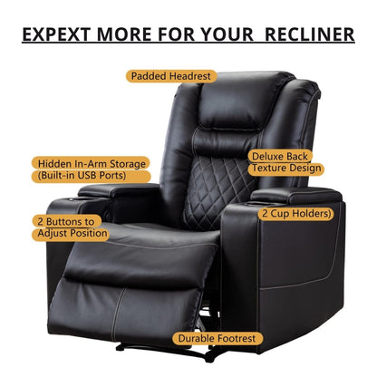 Black recliner chair with features highlighted on a white background