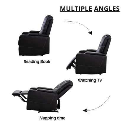 Black recliner chair shown in three different positions with text labels on a white background.