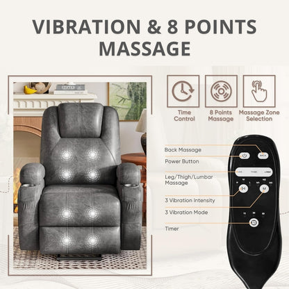 Massage chair with remote control and features listed on a white background