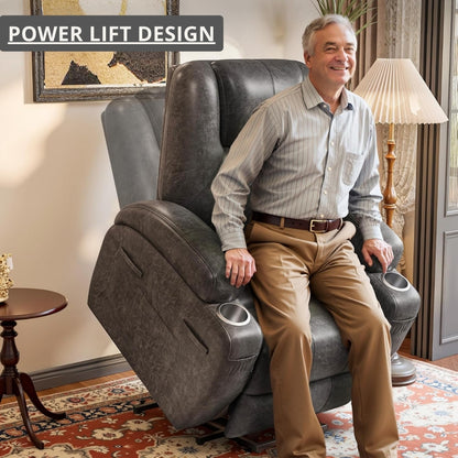 Man sitting in a power lift chair in a home setting with 'Power Lift Design' text.