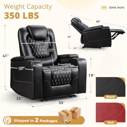 Black recliner chair with dimensions and weight capacity details on a white background